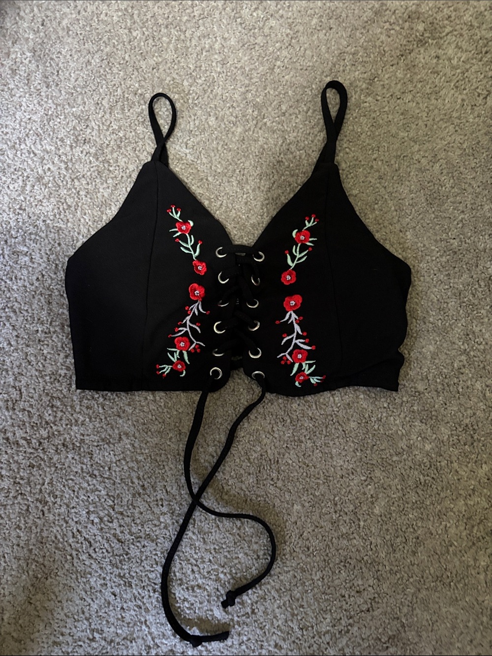Streetwear Society Black Lace-Up Crop Top with Red Floral Embroidery